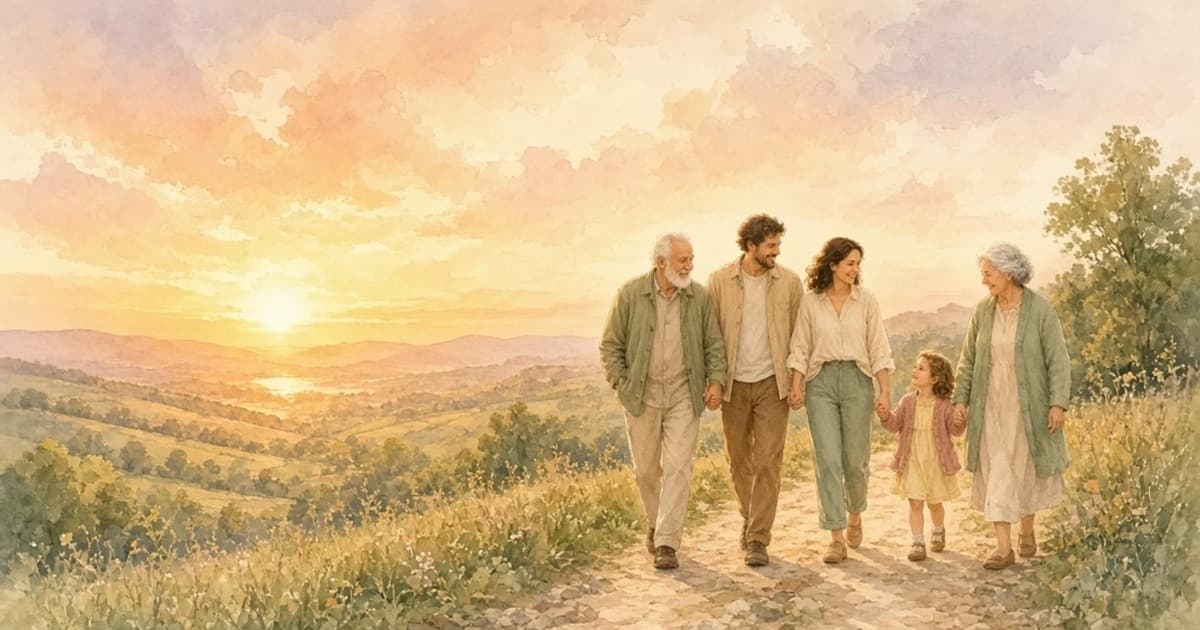 Three generations of a family walking together at sunset, watercolor