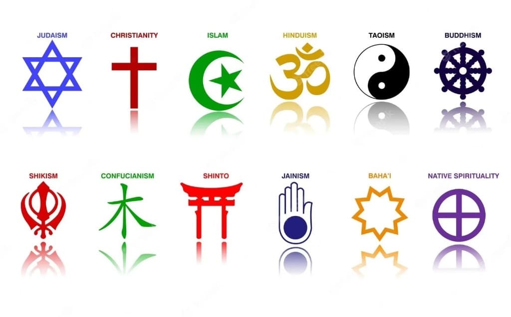 Emblems and sacred symbols representing 12 world religions: Judaism (Star of David), Christianity (Cross), Islam (Crescent and Star), Hinduism (Om), Taoism (Yin Yang), Buddhism (Dharmachakra Wheel), Sikhism (Khanda), Confucianism (Mu ideogram), Shinto (Torii gate), Jainism (Ahimsa hand), Baha'i (Nine-pointed star), and Native Spirituality (Solar medicine wheel)