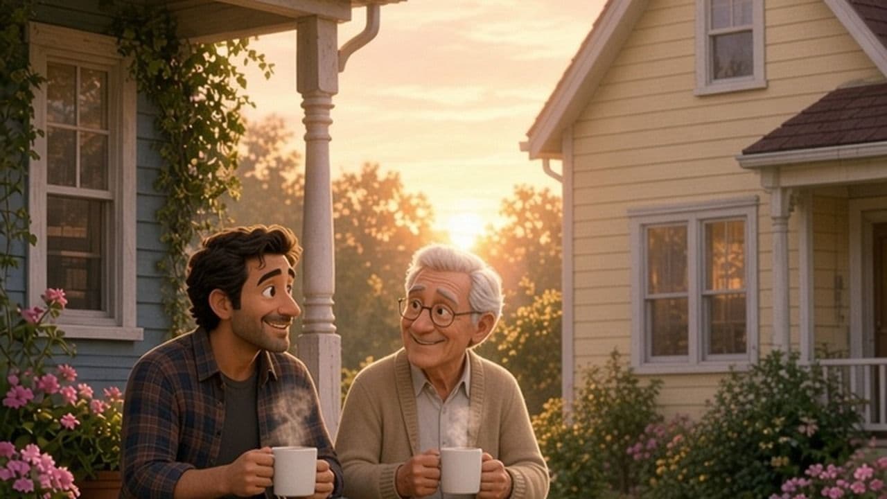 Cartoon illustration of a smiling son and his gray-haired father sitting side by side on a porch step at sunrise, each holding a steaming mug of coffee, with the house next door behind them.
