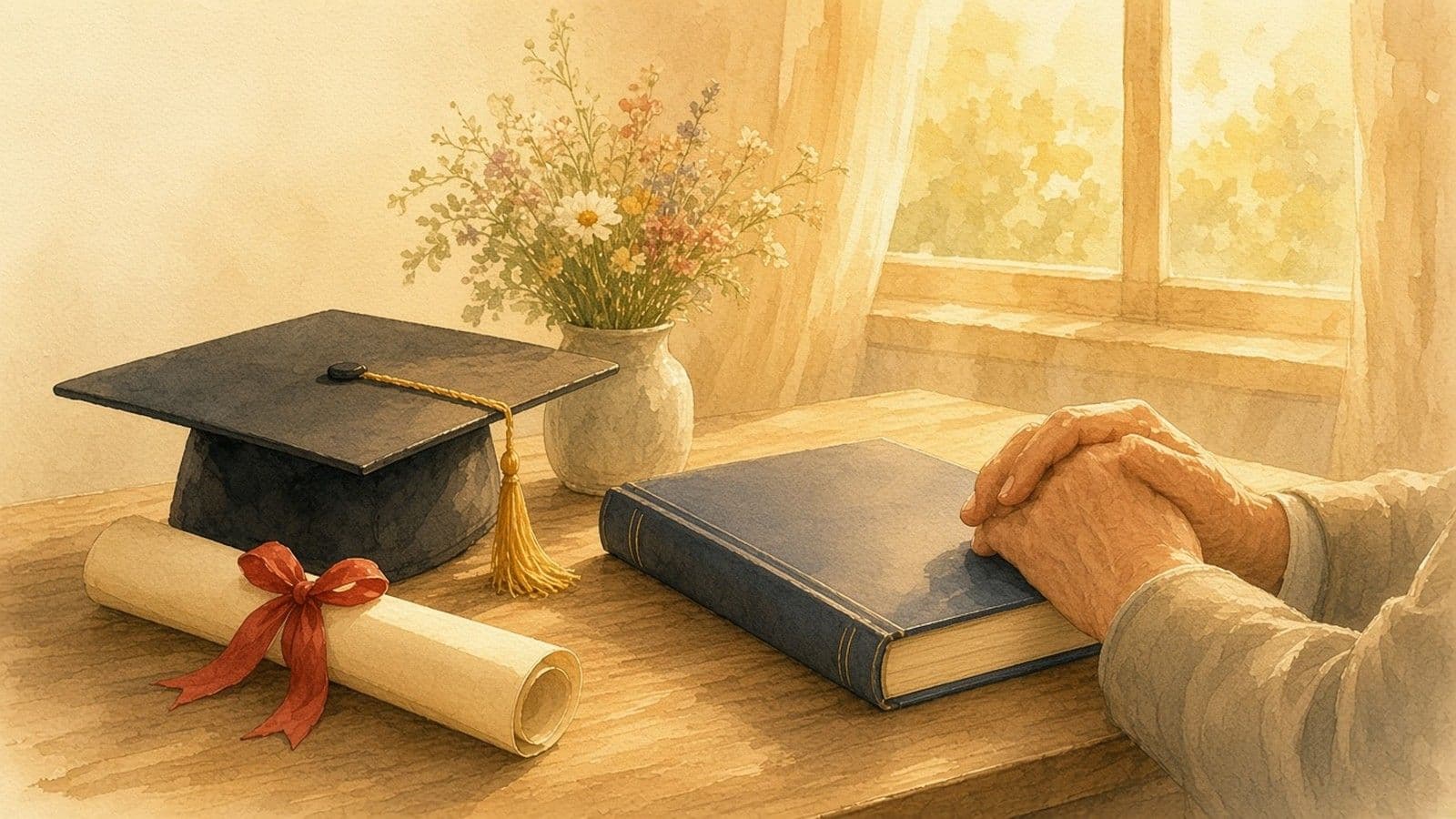 Watercolor illustration of a graduation cap with a gold tassel, a ribbon-tied diploma and a bound thesis on a wooden desk by a sunny window, with an older parent's folded hands resting on the book.