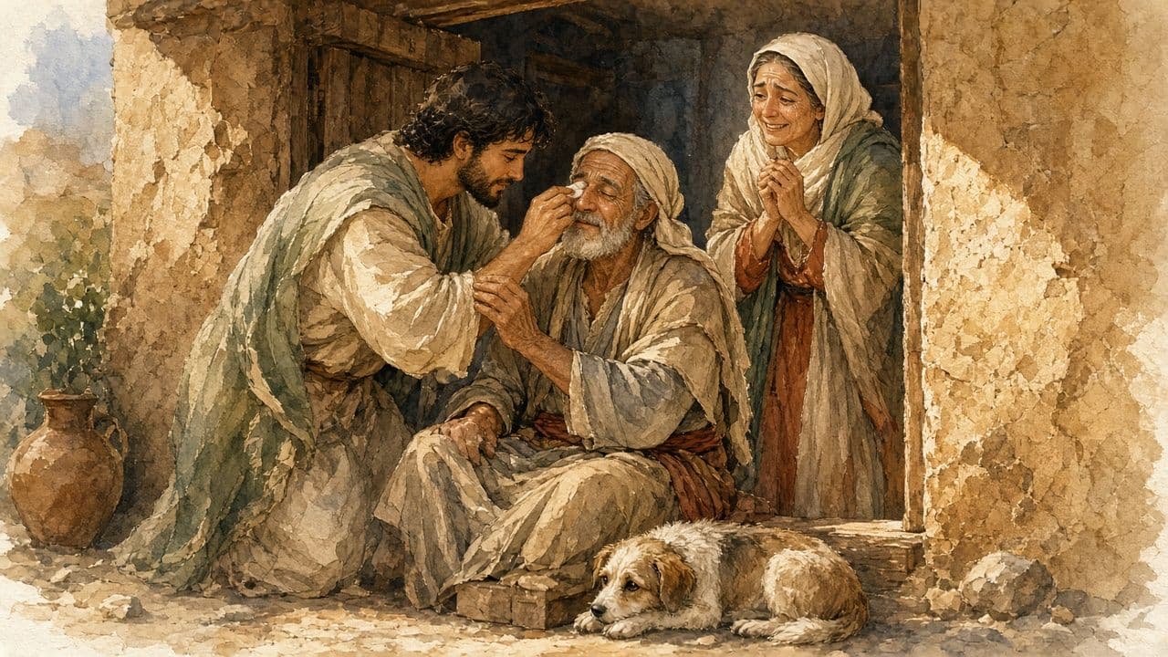Watercolor of young Tobias gently applying medicine to his blind father Tobit's eyes at the doorway as his mother Anna watches with joy in warm golden light.